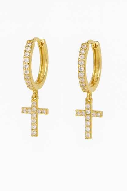 Gold hoop cross dangle earrings with cubic zirconia