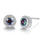 Round halo stud earrings with iridescent crystal and silver border