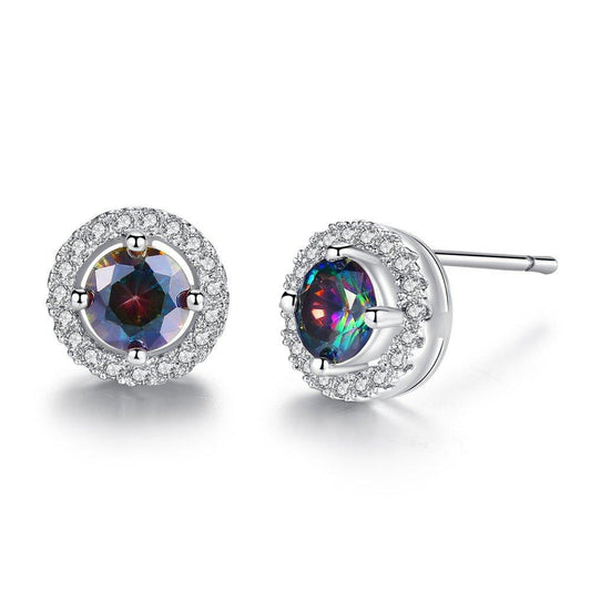 Round halo stud earrings with iridescent crystal and silver border