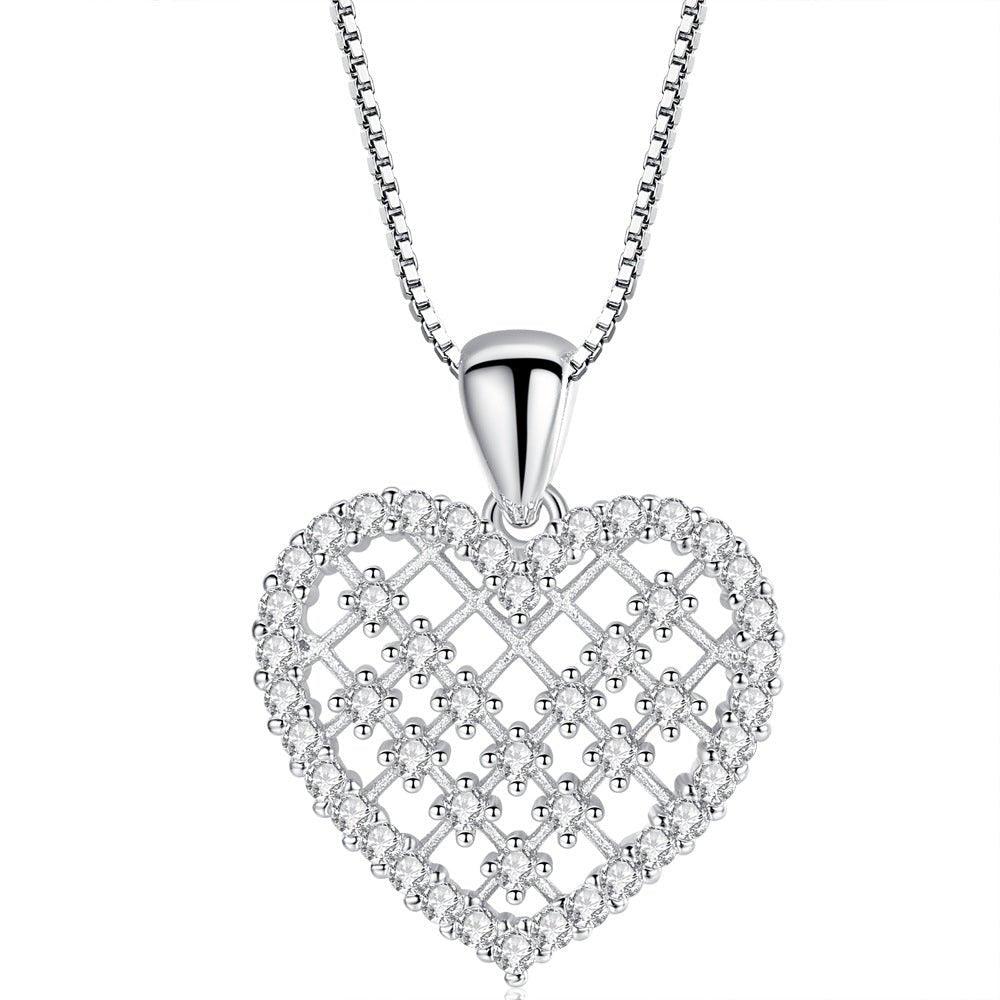 Silver crystal heart pendant necklace with lattice design