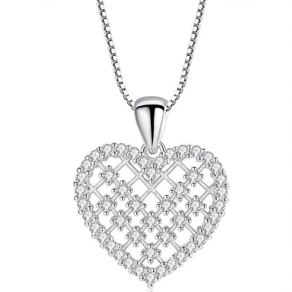 Silver crystal heart pendant necklace with lattice design