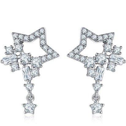 Star-shaped crystal dangle earrings with clustered dangling stones