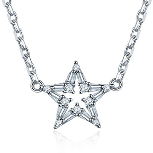 Crystal star pendant necklace with clear rhinestone star on silver-tone chain
