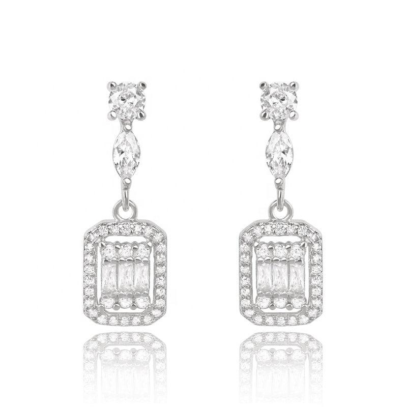 Cubic zirconia drop earrings with marquise link and rectangular pavé pendants