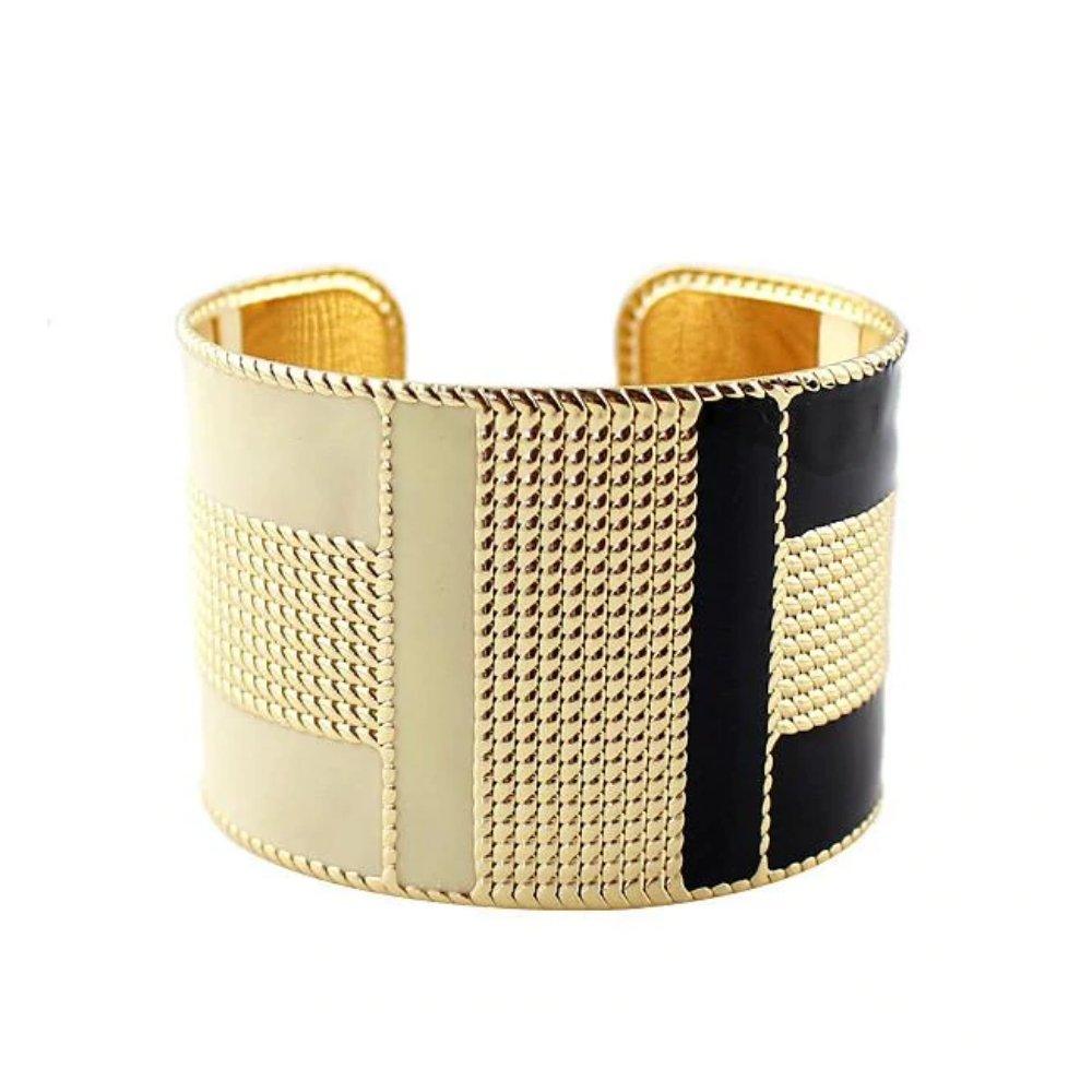 Wide ceramic cuff bracelet with cream mesh and black side insets, gold rim