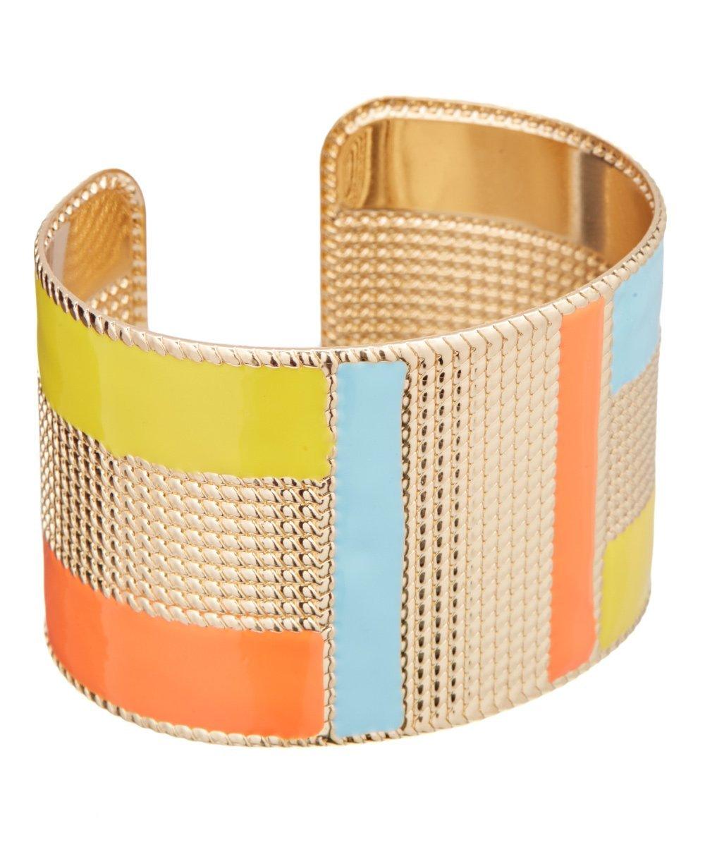 Wide ceramic cuff bracelet with cream mesh and multicolor insets (yellow, blue, orange), gold rim