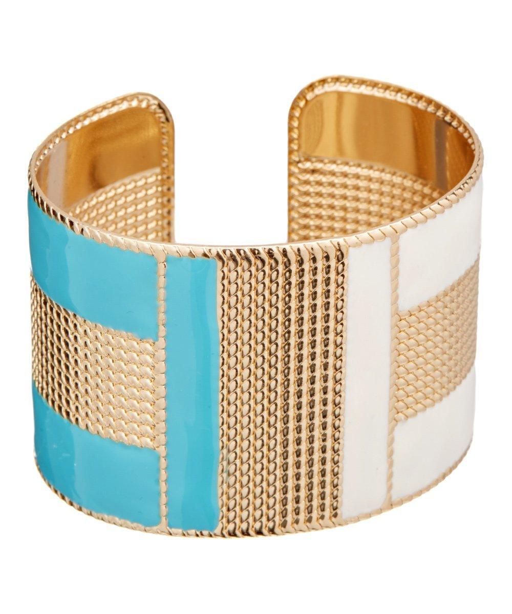 Wide ceramic cuff bracelet with cream mesh and turquoise and white insets, gold rim