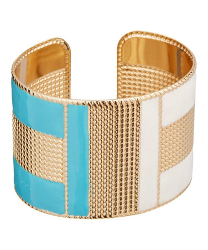 Wide ceramic cuff bracelet with cream mesh and turquoise and white insets, gold rim