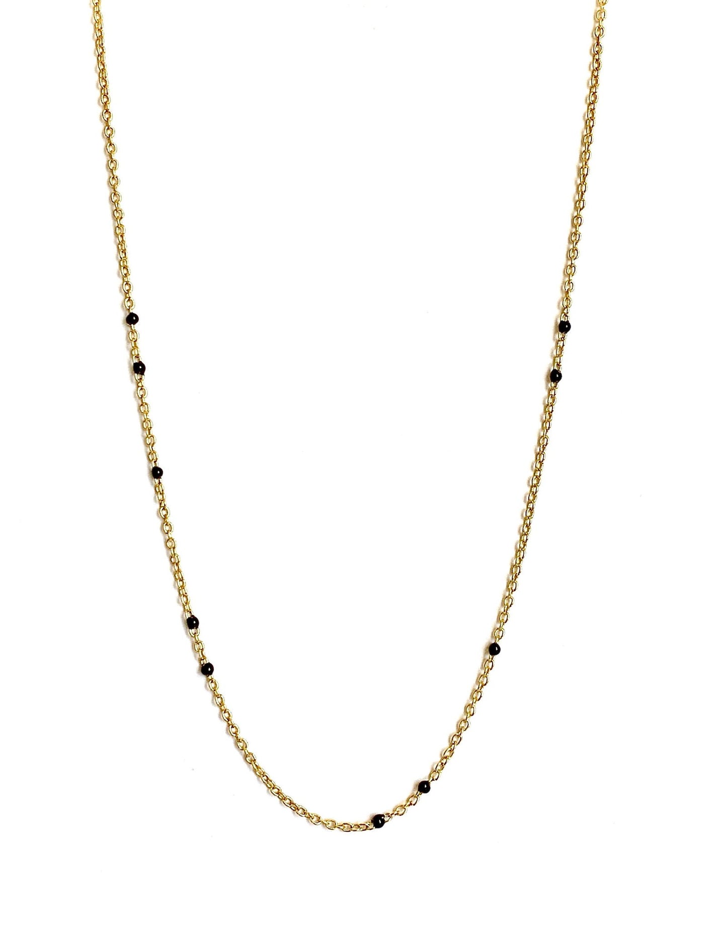 Gold-tone beaded link necklace with black onyx-style beads, full front view.