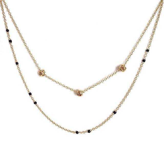 Gold-tone beaded link necklace with black beads and small heart charm.