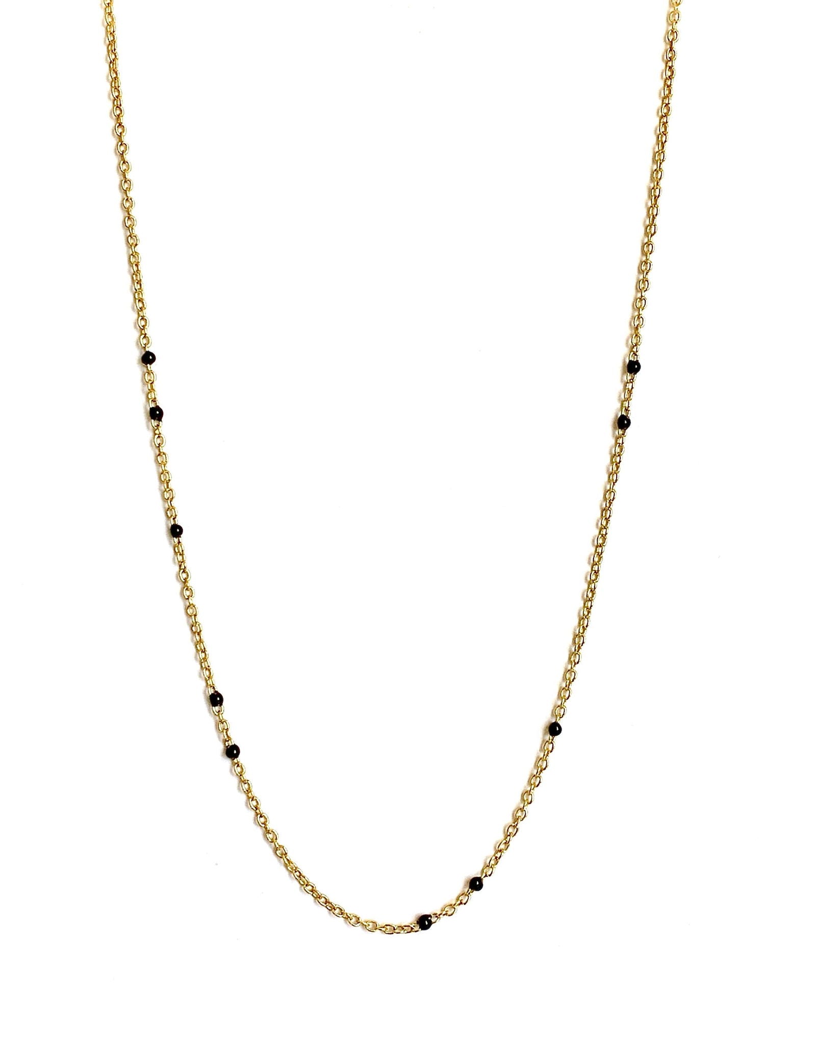 Gold-tone beaded link necklace with black onyx-style beads, straight-on view.