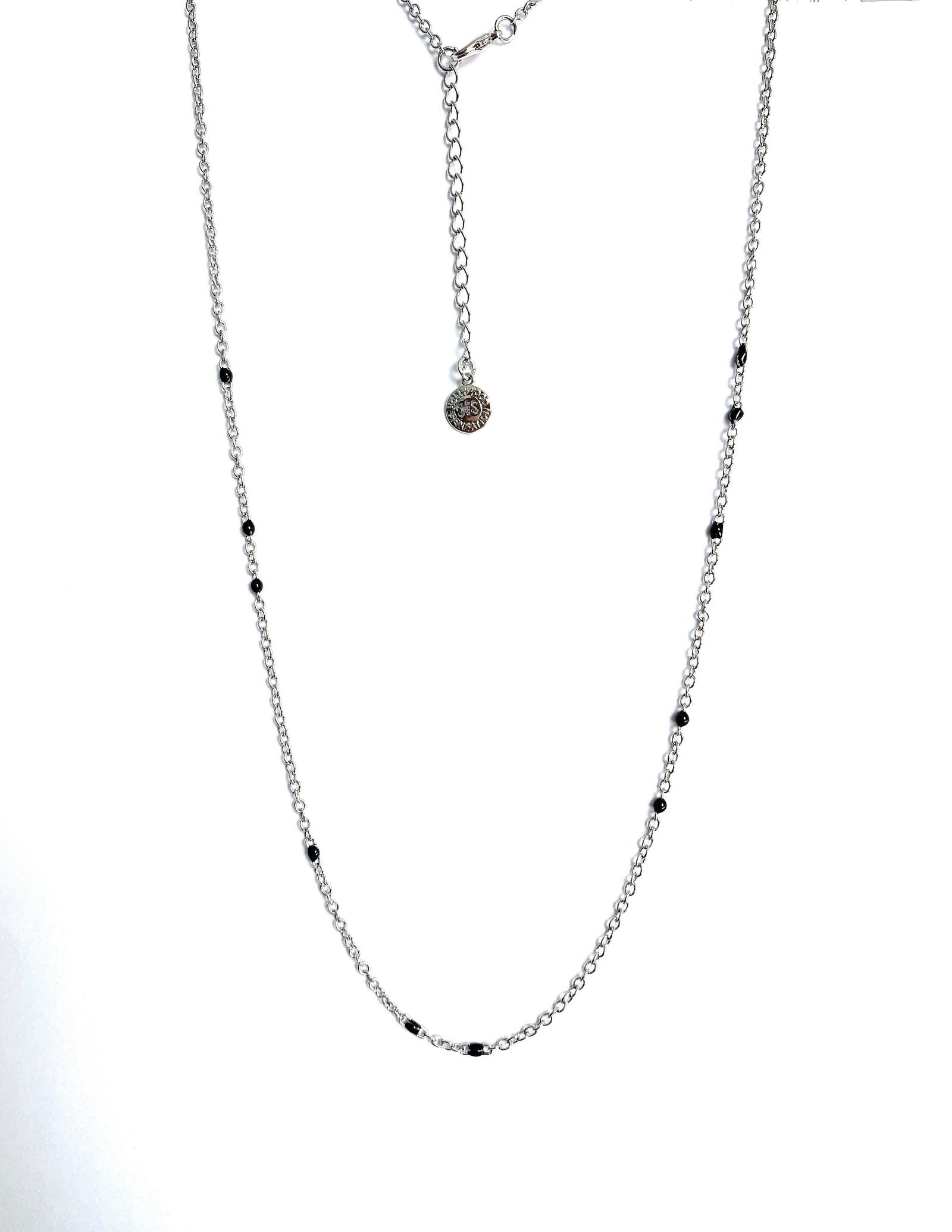 Silver-tone beaded link necklace with black onyx-style beads and round charm.