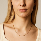 Gold beaded link onyx necklace, fine chain with dark stone bead links.