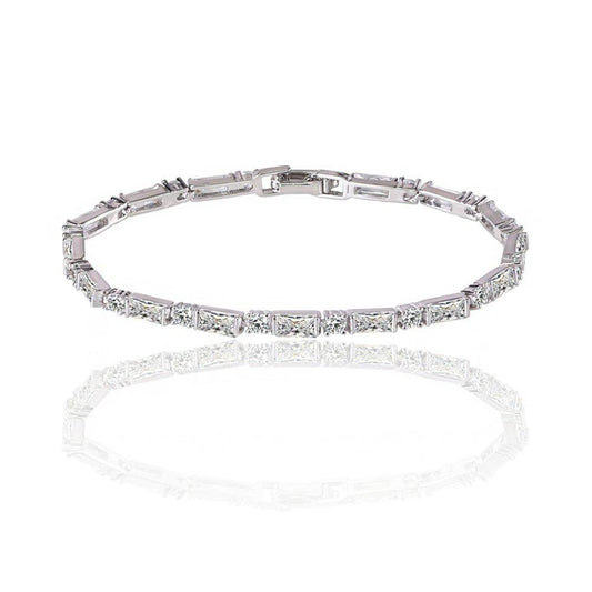 Cubic zirconia tennis bracelet with straight bar settings and clear stones, silver-tone