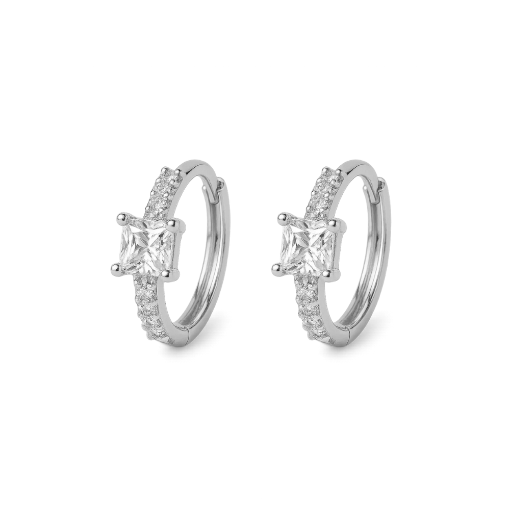 Silver-tone huggie hoop earrings with square center stone and crystal pave accents