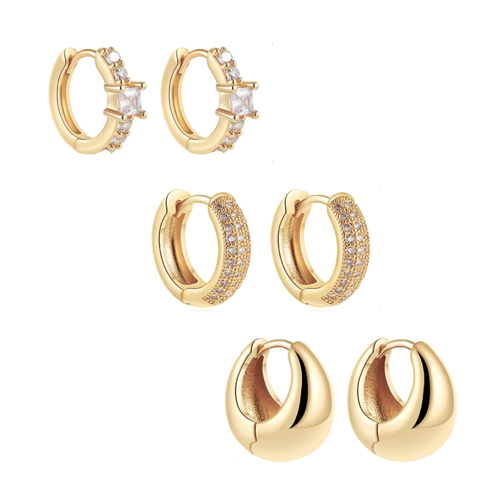 Gold huggie hoop earrings set of 3 pairs, assorted styles