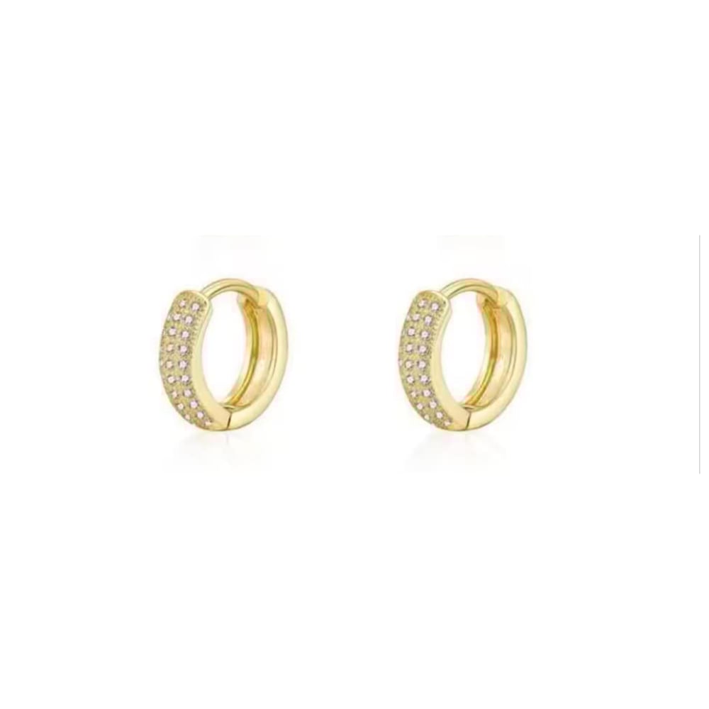 Gold huggie hoop earrings with pavé stones, shown as a pair