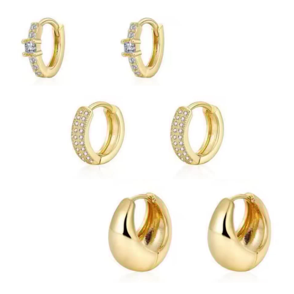 Huggie hoop earrings set, gold-tone with clear stone accents and hinged clasp