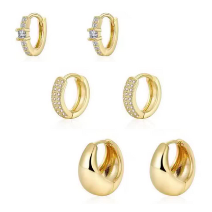 Huggie hoop earrings set, gold-tone with clear stone accents and hinged clasp
