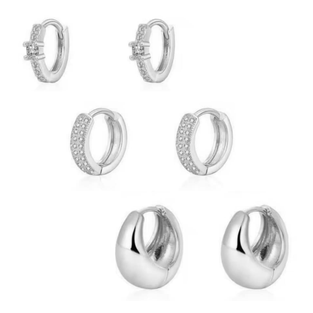 Huggie hoop earrings set, silver-tone with clear stone accents and hinged clasp