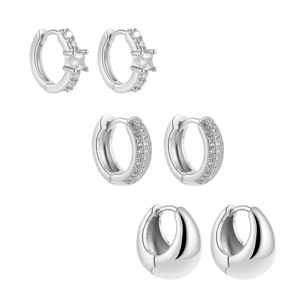 Silver huggie hoop earrings set of 3 pairs with crystal accents
