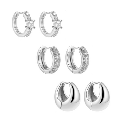 Silver huggie hoop earrings set of 3 pairs with crystal accents