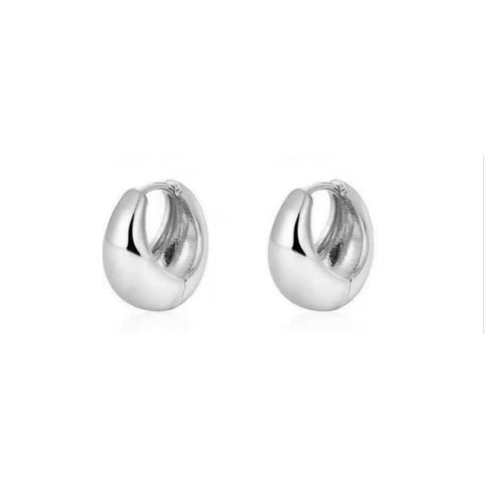Silver huggie hoop earrings with smooth polished finish, shown as a pair