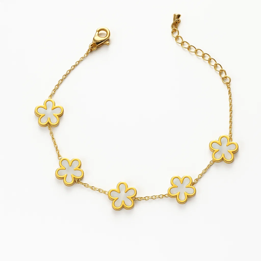 Gold-tone bracelet with five clover charms and chain link, lobster clasp