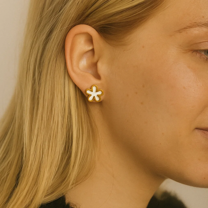 Gold-tone flower stud earring with four-petal clover silhouette
