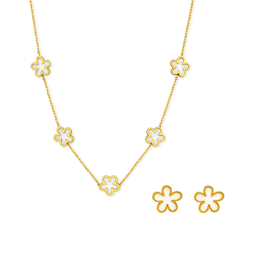 Gold-tone flower jewelry set: chain necklace and matching stud earrings