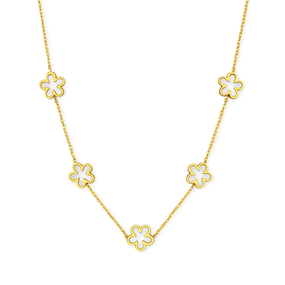 Gold-tone necklace with five small flower charms on a fine chain, front view