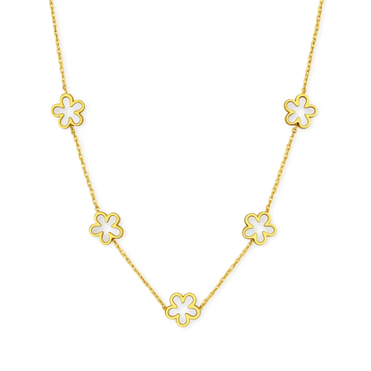 Gold-tone necklace with five small flower charms on a fine chain, front view