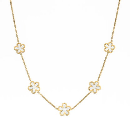 Gold-tone necklace with five flower charms along a fine chain, front view