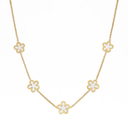 Gold-tone necklace with five flower charms along a fine chain, front view