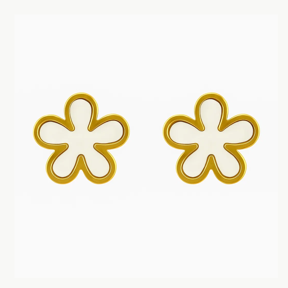 Gold flower-shaped stud earrings with white enamel centers