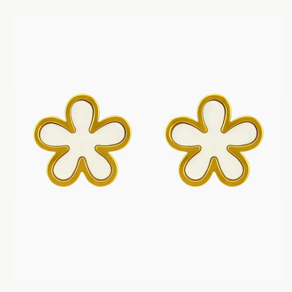 Gold flower-shaped stud earrings with white enamel centers