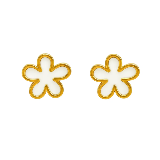 Pair of gold flower stud earrings with white enamel centers