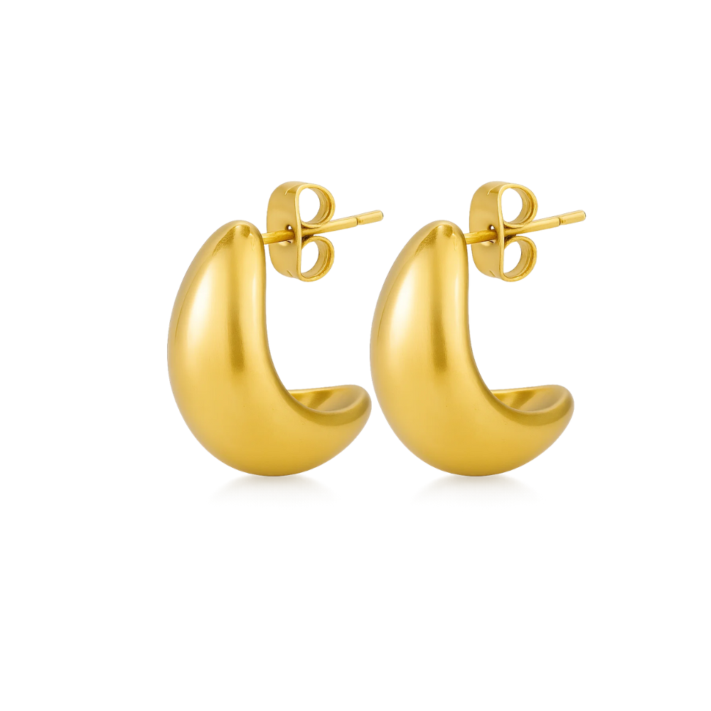 Gold dome huggie teardrop hoop earrings, front view