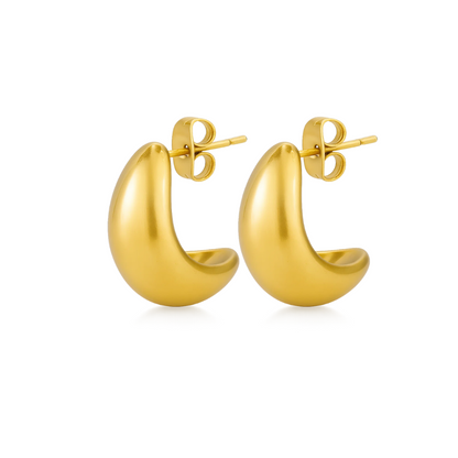 Gold dome huggie teardrop hoop earrings, front view
