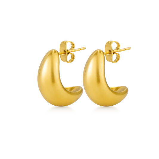 Gold dome huggie teardrop hoop earrings, front view