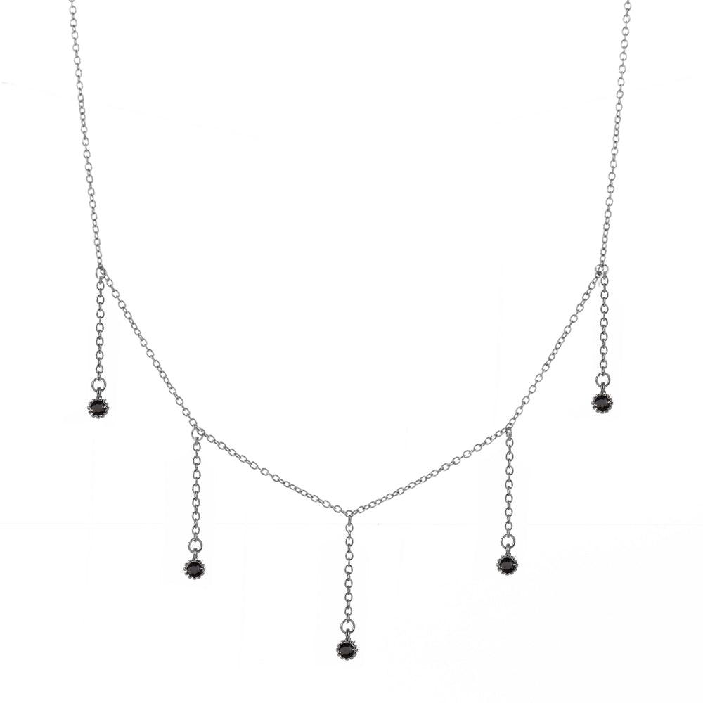 Drop Necklace with Five Cubic Zirconia Stone Dainty Silver Chain Black CZ Dangle Necklace
