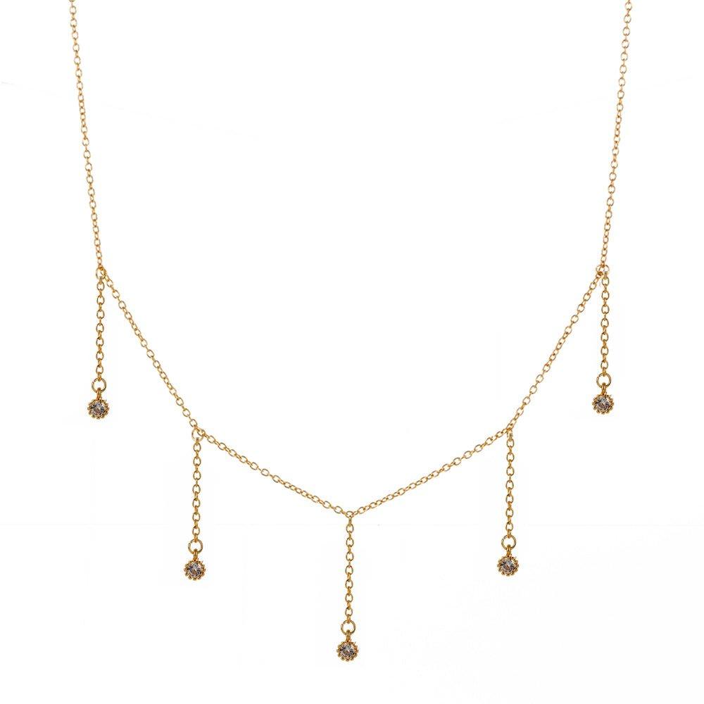 Gold drop necklace with five clear cubic zirconia dangle stones
