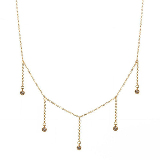 Gold drop necklace with five clear cubic zirconia dangle stones