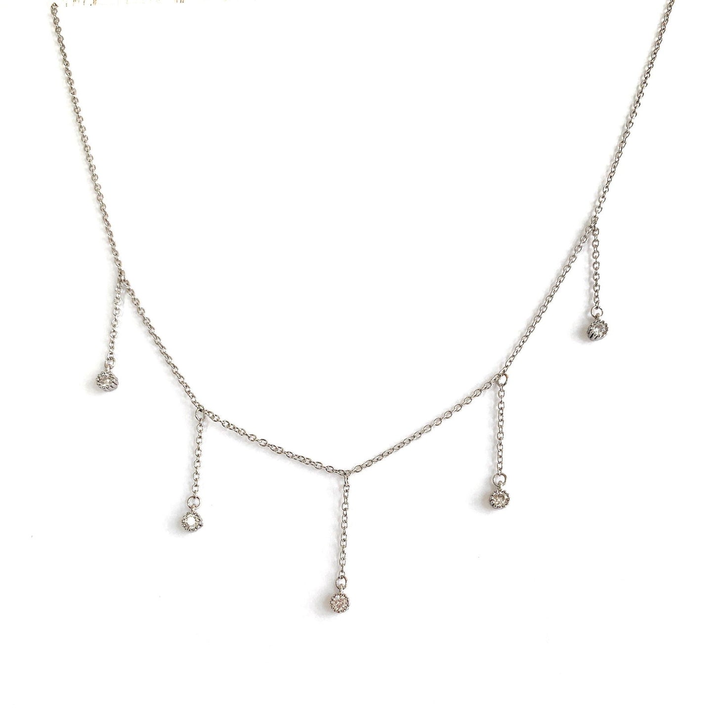 Dainty silver drop necklace with five clear cubic zirconia dangle stones