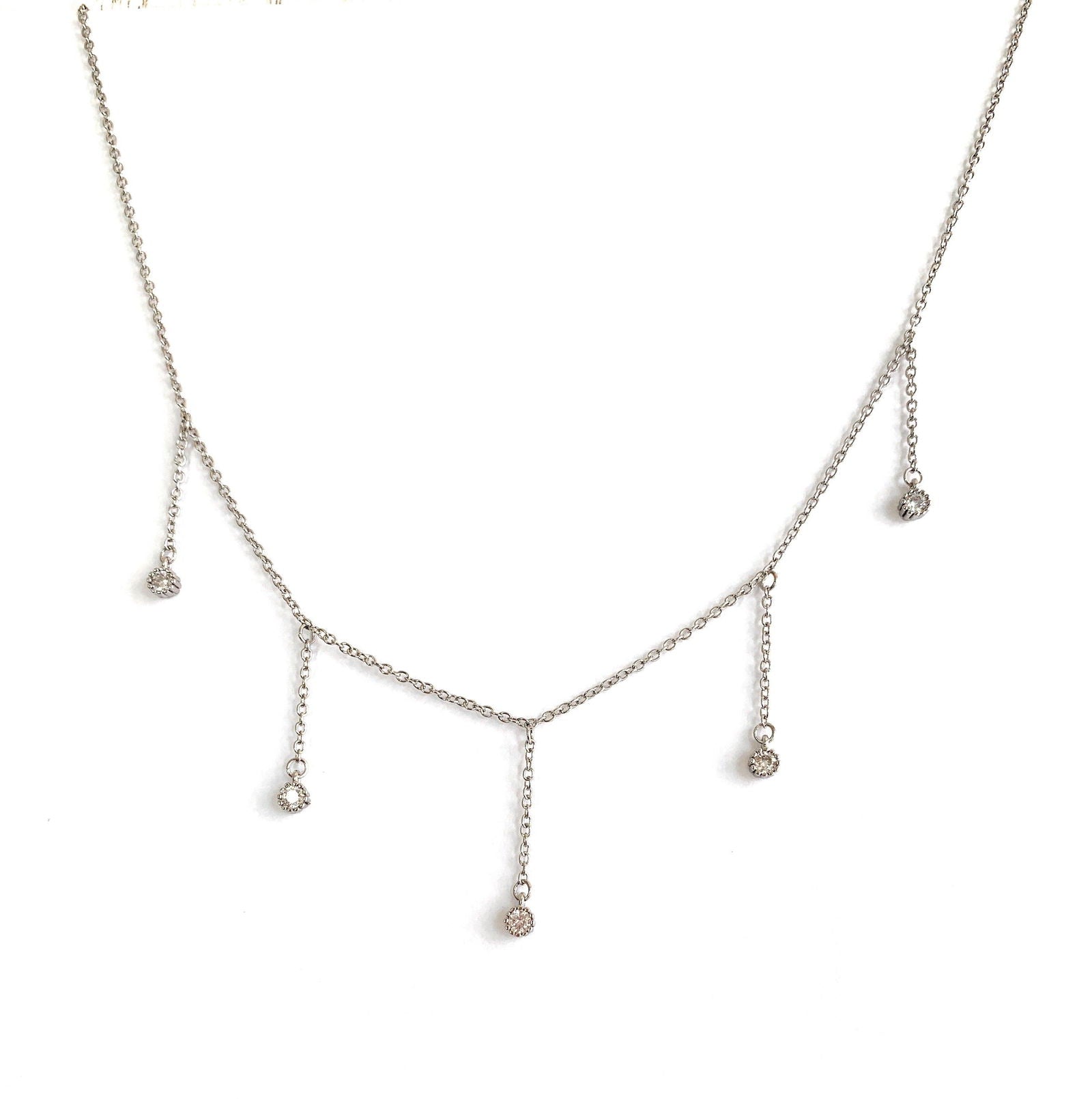 Dainty silver drop necklace with five clear cubic zirconia dangle stones