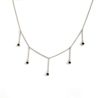 Silver drop necklace with five black cubic zirconia dangle stones