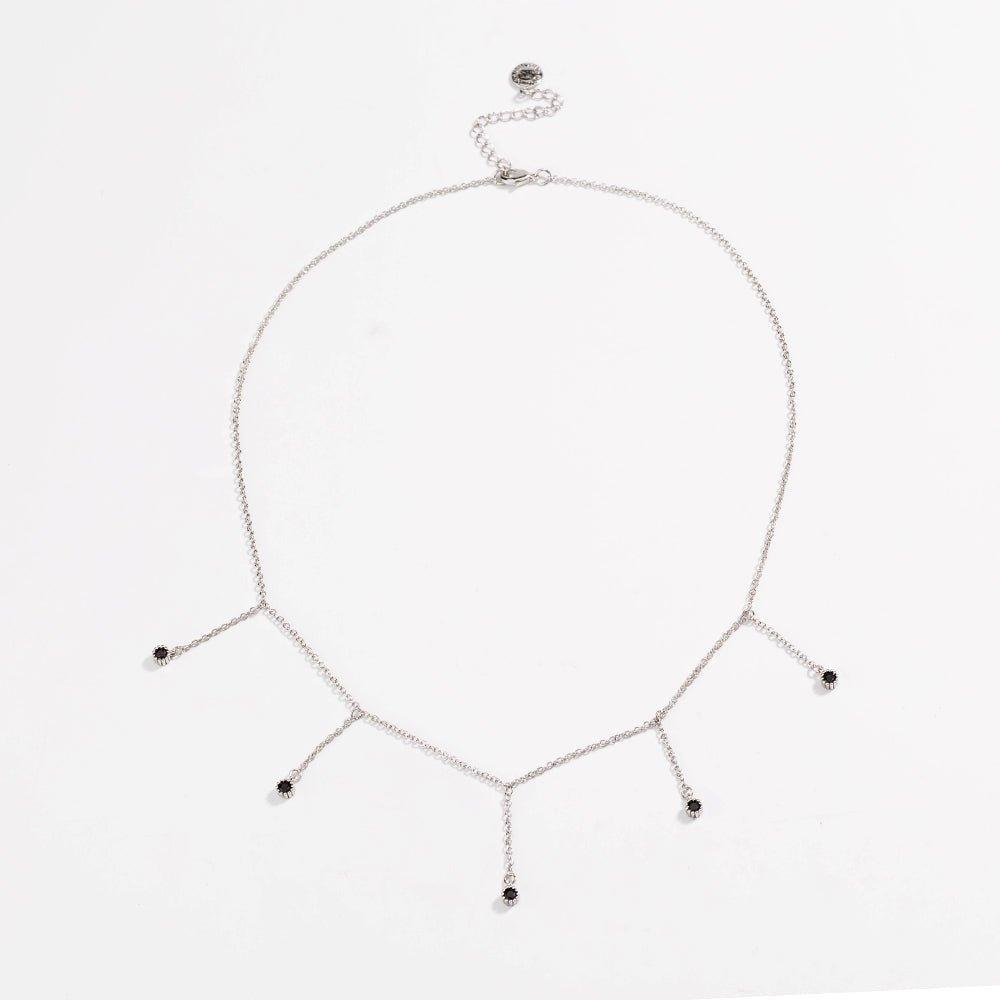 Silver drop necklace with five black CZ stones and small top clasp