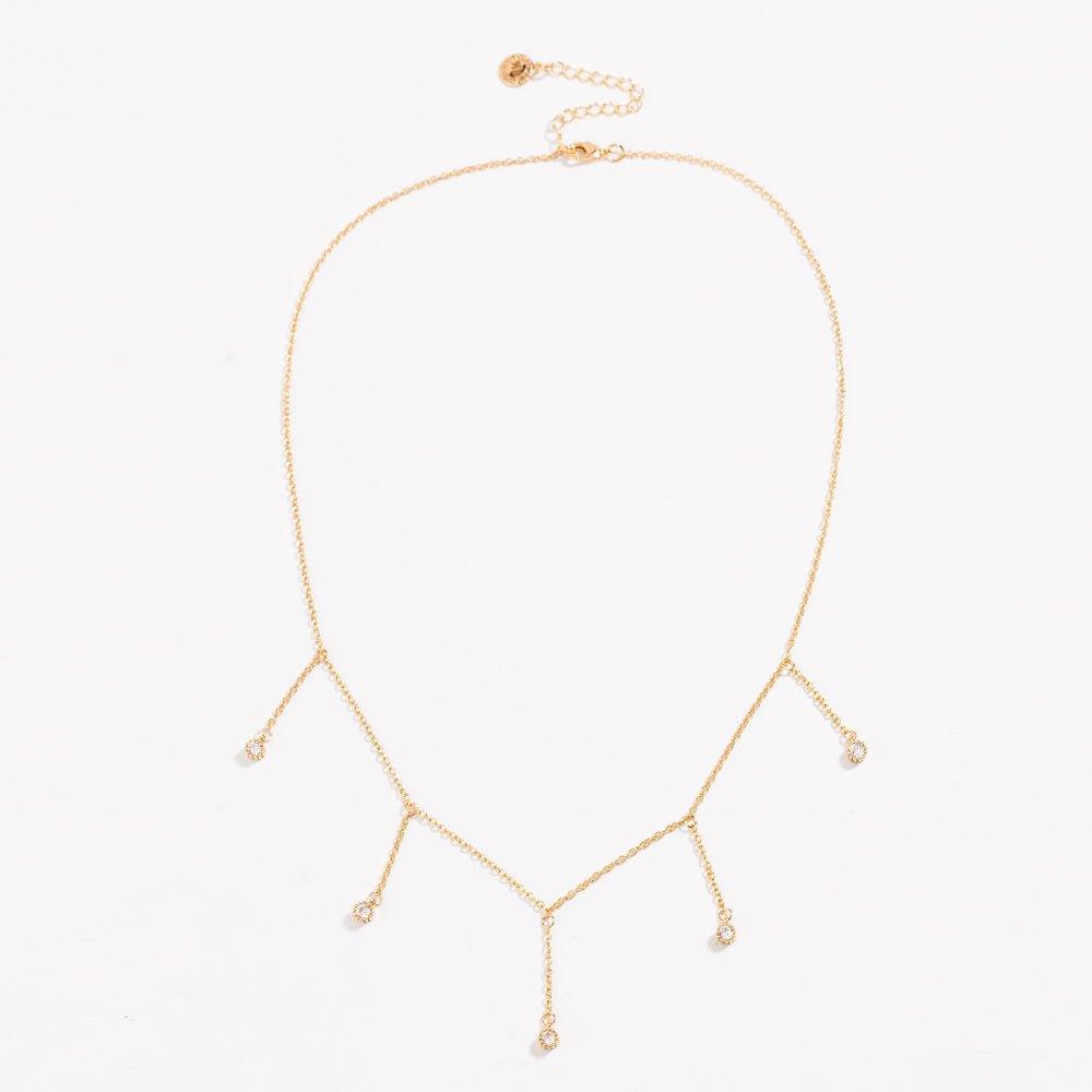 Gold drop necklace with five clear cubic zirconia dangle stones and clasp