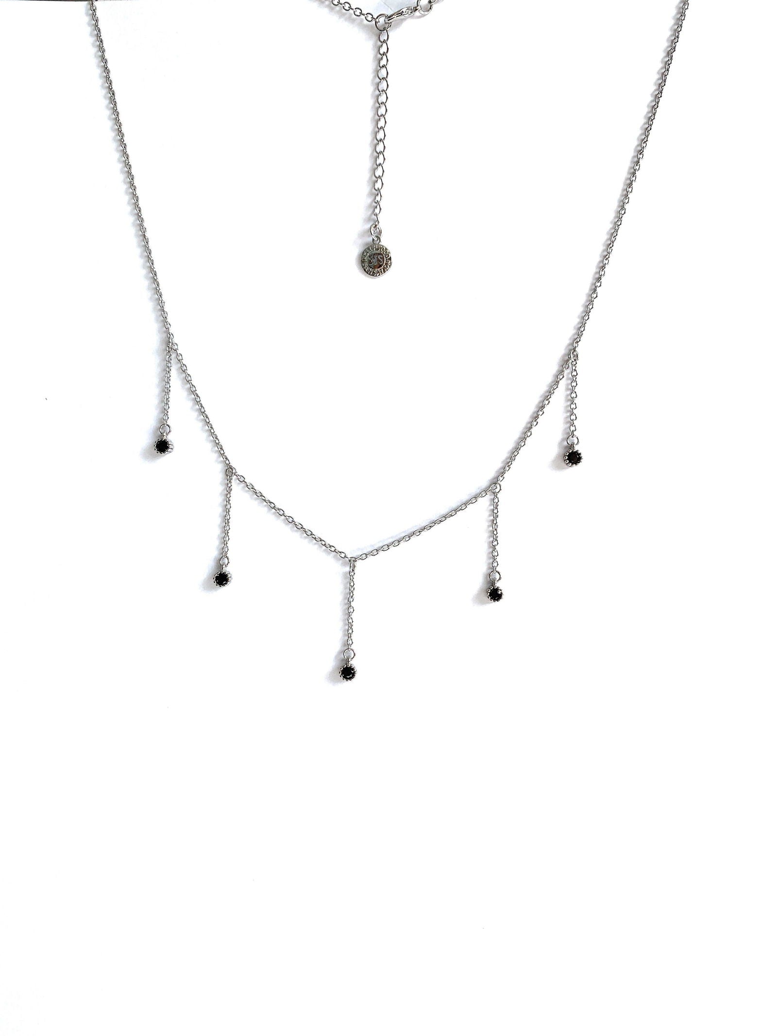 Dainty silver drop necklace with five dark cubic zirconia dangle stones