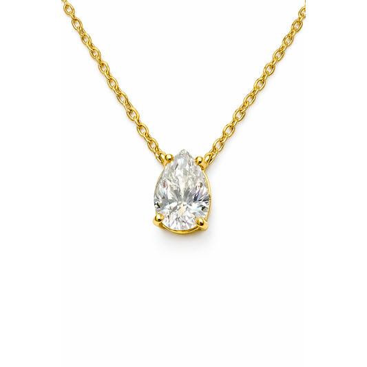 Gold pear-cut solitaire necklace with clear crystal pendant on link chain